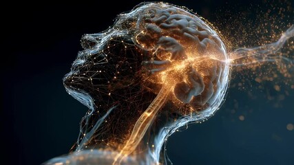 Poster - neural activity visualized through glowing energy streaming across transparent human head, revealing