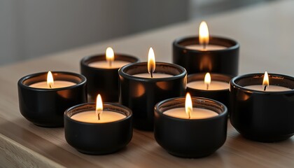 Poster - Two Lit Textured Black Candles in Gift Boxes on Dark Background, Serene ambiance with glowing candles in elegant black holders