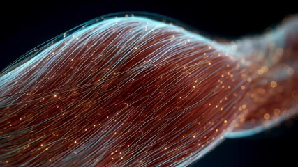 Poster - Muscle fibers glowing during dynamic recovery visualization, highlighting advanced medical science and healing process of athletic rehabilitation