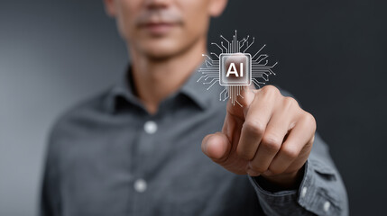 Poster - Man in Gray Shirt Touching AI Symbol on Touchscreen with Circuit Pattern in Dark Background for Technology and Innovation Concept