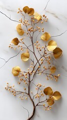 Poster - Golden leaves rest on a white cracked surface, illuminated by soft shadows and studio lighting, capturing a serene minimalist aesthetic