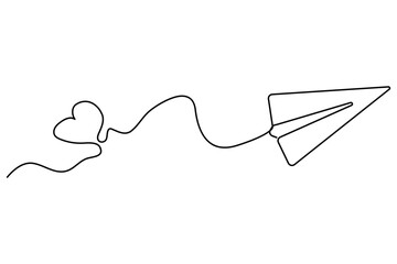 Poster - Paper plane flying with hearts in continuous one line drawing love card concept minimalist vector illustration
