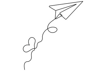 Poster - Paper plane flying with hearts in continuous one line drawing love card concept minimalist vector illustration
