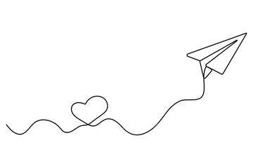 Poster - Paper plane flying with hearts in continuous one line drawing love card concept minimalist vector illustration

