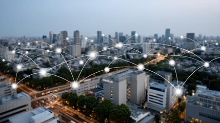 Poster - City skyline at dusk displaying glowing buildings and dynamic data flow lines, showcasing a futuristic urban environment