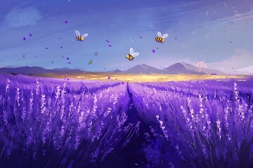 Poster - Lavender field stretching into the distance with purple hues and cartoon bees floating above 