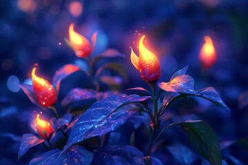 Poster - Magical chili plant with flickering flame-shaped peppers glowing in twilight 