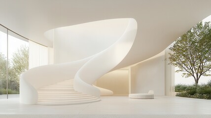 Aufkleber - Sleek beige spiral staircase winding through bright minimalist space, creating architectural flow between interior levels