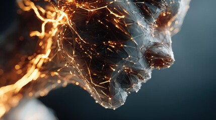 Poster - A captivating digital sculpture showcases a human face made from interconnected glowing lines, embodying the fusion of technology and emotion in modern art.