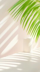 Poster - Sunlight streaming through window, creating shadows of palm tree leaves on white wall, offering serene and minimalist aesthetic