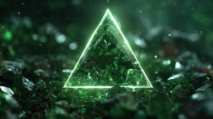 Poster - A glowing green triangular shape hovers above a bed of sparkling emerald-hued crystals, creating a mystical atmosphere filled with intriguing reflections and textures.