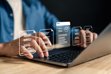 Fototapete - Document checklist and digital online form concept for data entry, electronic approval, form submission, and workflow management system in modern office with hand using laptop.
