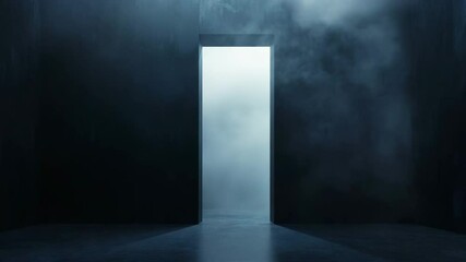 Poster - A mysterious doorway illuminated from within by a misty light. The concept of new possibilities and the unknown. A symbol of mystery and transition. Minimalism and anticipation.