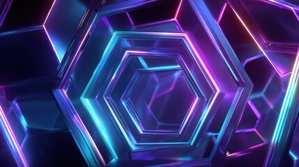 Fototapete - Colorful hexagonal shapes intertwine, creating an intricate design filled with dazzling neon lights. The luminous atmosphere suggests a lively, imaginative environment.