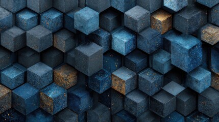 Poster - A visually striking arrangement of blue hexagonal shapes showcases various textures and shades. The composition highlights a modern design ideal for artistic and architectural applications.