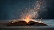© Shahin - Open Book with Glowing Sparks on Wooden Surface. An open vintage-style book rests on a rustic wooden surface, emitting a magical display of golden sparks and light.