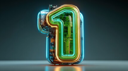 Poster - A striking sculptural representation of the number one stands prominently, featuring glowing neon lights in green, blue, and orange.