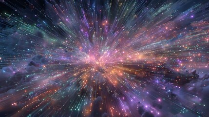Poster - Colorful bursts of light and particles radiate from a central point against a dark cosmic backdrop, creating a sense of depth and movement.