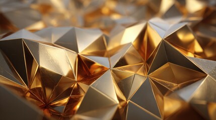 Poster - Sparkling golden shapes reflect light, creating a stunning abstract pattern. The geometric design features sharp angles and facets, giving the surface a dynamic, luxurious appearance.