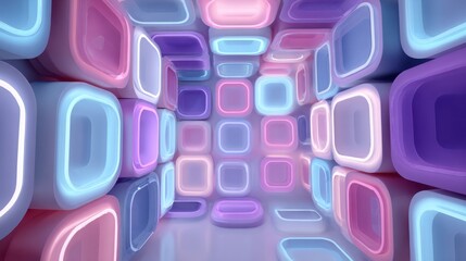 Fototapete - Neon-lit cubes in various shades of blue, pink, and purple form a captivating digital environment, creating an immersive and dynamic sensory experience.