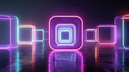 Poster - Neon squares in vibrant pink and blue hues are arranged in a captivating pattern against a dark background. The reflections on the floor enhance the ambiance of the setting.