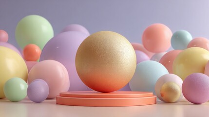 Poster - A collection of various pastel-colored spheres of different sizes is arranged around a central golden sphere on a wooden base. Soft lighting enhances the playful atmosphere in the studio.
