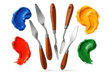 Poster - Palette knives and colorful oil paint smears on transparent background, art supplies