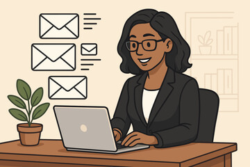 Poster - Businesswoman managing email marketing campaign, working on laptop at office desk, sending newsletters, digital communication strategy, online correspondence, productivity, vector illustration