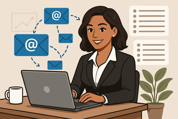Poster - Businesswoman at Desk Managing Email Marketing Campaigns and Contact Lists, Office Workspace, Digital Communication, Productivity, Professional Female Using Laptop, Modern Vector Illustration