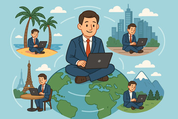 Poster - Remote work business travel concept. Digital nomad businessman using laptop in diverse global locations. Worldwide online office, freelance worker, work from anywhere, international connection vector