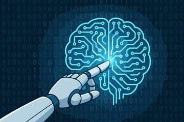 Poster - Artificial Intelligence Robot Hand Touches Glowing Circuit Brain, Machine Learning Neural Network, Futuristic Technology, Binary Data, Digital Transformation, Automation, Vector Illustration