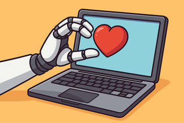 Poster - Robotic hand holding red heart on laptop screen. Artificial intelligence emotions concept. AI technology caring love. Machine-human relationship. Digital compassion. Vector cartoon illustration