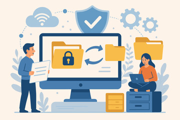 Poster - Secure File Transfer and Data Management Concept, Encrypted Document Exchange, Cloud Storage, Data Protection, Team Collaboration, Digital Security Workflow, Vector Cartoon Illustration