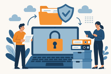 Poster - Secure document management and file transfer. Data privacy protection, online cloud storage, digital file sharing, encryption, cyber security, safe information exchange. Vector illustration.