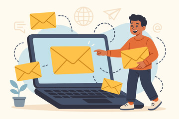 Poster - Email marketing communication concept illustration. Sending emails online, digital messaging, newsletter delivery, internet correspondence, laptop, envelopes, cartoon vector workspace