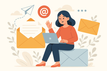 Poster - Digital email communication concept illustration. Woman using laptop to send messages. Email marketing, online messaging, internet mail, business correspondence, electronic newsletter design vector