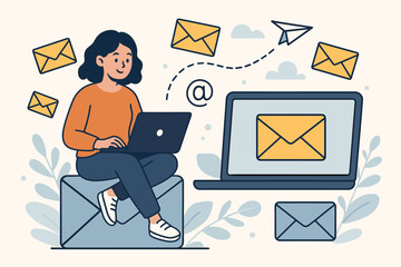Poster - Modern email marketing and digital communication vector illustration. Woman on laptop, sending and receiving messages, internet messaging, online correspondence, envelope icons, remote work.