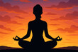 © Hanna - Silhouette of Woman Meditating in Lotus Pose at Sunset. Peaceful Yoga Practice, Mindfulness, Tranquility, Relaxation, Serene Landscape, Vibrant Sky, Wellness Meditation Vector Illustration