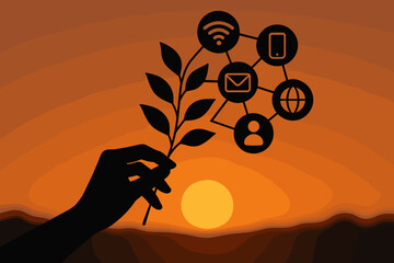 Poster - Silhouette hand holding plant branch with digital network communication icons, technology connectivity, internet, social media, nature harmony, sunset vector illustration, eco innovation concept