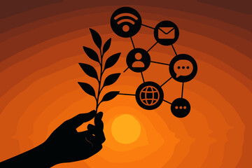 Poster - Silhouette of Hand Holding Leafy Branch with Connected Social Media Network Communication Icons at Sunset, Nature and Technology Integration Concept, Vector Illustration