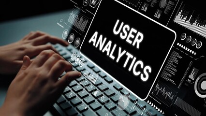 Aufkleber - hands typing on keyboard with user analytics data visualizations on screen for digital marketing ins
