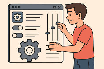 Leinwandbilder - Man customizing system settings, adjusting control panel sliders. User personalization and configuration concept. Male character interacts with software UI for setup. Vector illustration.