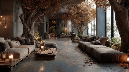 Poster - Rustic Bedroom Interior during Autumn with Arched Window, Natural Light, Hardwood Floor, and Earth Tones displays Modern Design and Plants