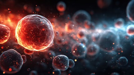 Aufkleber - Floating organic cells with red and blue hues depict biological processes in a microscopic environment at high magnification