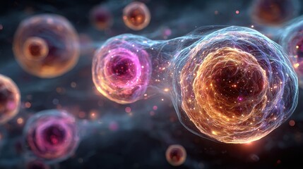 Aufkleber - Floating organic cells with red and blue hues depict biological processes in a microscopic environment at high magnification