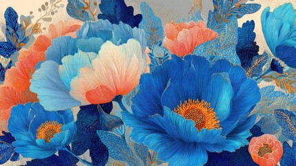 Poster - A beautiful collection of blue and coral flowers showcases intricate petals and leaves against a light background, bringing a fresh spring vibe to the setting.
