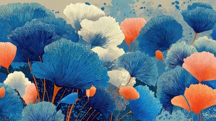 Poster - Bright, whimsical flowers in shades of blue, orange, and white create a vibrant garden setting, showcasing an imaginative design with splashes of color on a neutral backdrop.