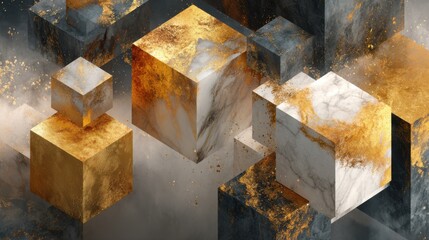 Poster - Geometric shapes create a striking visual, with golden and marble textures blending in a surreal environment. The composition emphasizes depth and contrast, evoking a sense of modern elegance.