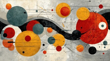 Poster - Colorful circles in red, orange, black, and teal create a striking abstract composition. Dynamic lines add movement against a textured background, engaging viewers with its energetic design.