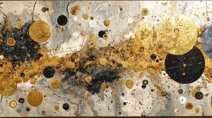 Poster - A vibrant work of abstract art showcases gold and black circles interspersed with splatters on a textured surface. The piece uses swirling patterns to create visual movement and depth.